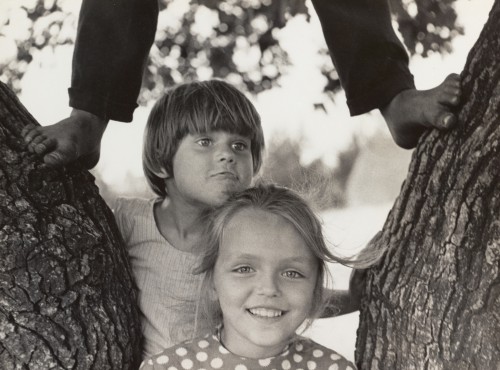 Fotografia czarno-biała, dziewczynka i chłopiec, w popiersiu, pomiędzy dwoma pniami drzew, nad nimi, oparte o konary, bose stopy trzeciego z dzieci. Dziewczynka o włosach blond spiętych z tyłu, ubrana w jasną bluzkę w białe groszki, spogląda prosto w obiektyw, uśmiecha się. Chłopiec, ciemne włosy obcięte na pazia, w jasnej koszulce w pionowe paski, opiera brodę o głowę dziewczynki, patrzy w bok, usta złożone w zabawny grymas.