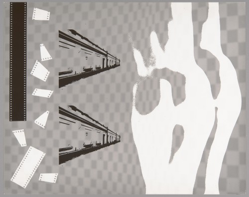 Kompozycja abstrakcyjna. Na szarym tle we wzór szachownicy po lewej stronie widoczne wycięte fragmenty kliszy fotograficznej: jeden długi fragment w kolorze czarnym i osiem krótkich fragmentów w kolorze białym. W centralnej części jedno pod drugim widoczne rzędy domów wzdłuż ulicy w kolorze czarnym. Po prawej stronie biała abstrakcyjna forma przypominająca cień.