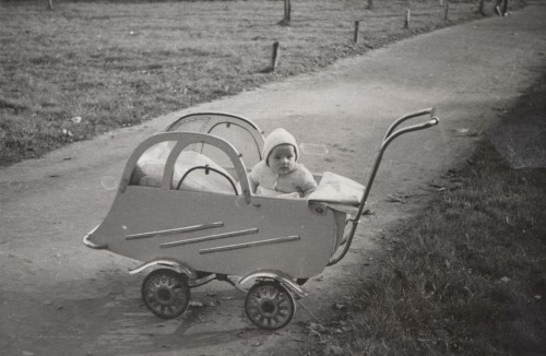 Niemowlę w wózku na alejce spacerowej.