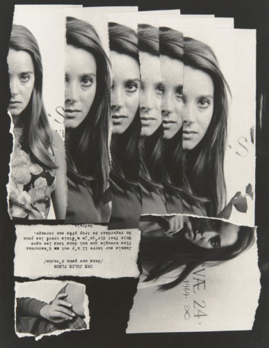 Fragmenty postaci młodej dziewczyny (portret zwielokrotniony), wśród których karta z tekstem w języku francuskim.